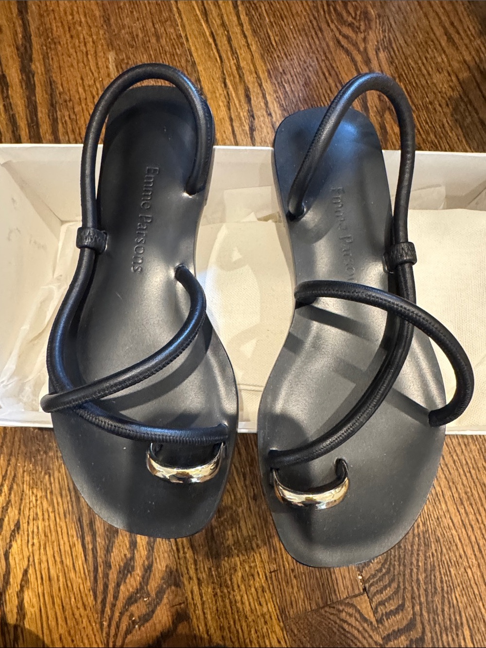 Emma Parsons Black Loop-Strap Sandals with Gold Accent